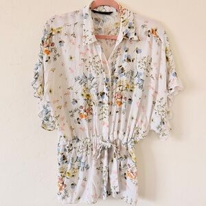 ZARA Floral Drawstring Blouse Size M